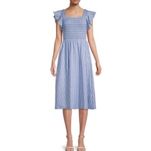 HL Affair Striped Smocked Midi Flare Nap Dress blue cotton linen M wedding guest